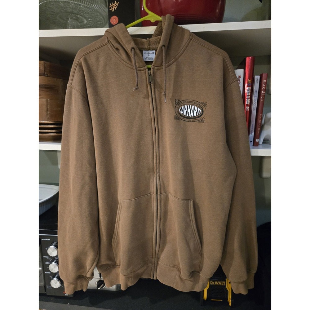 Carhartt Brown Full Zip Hoodie L Men's Detroit MI Back Graphic Workwear